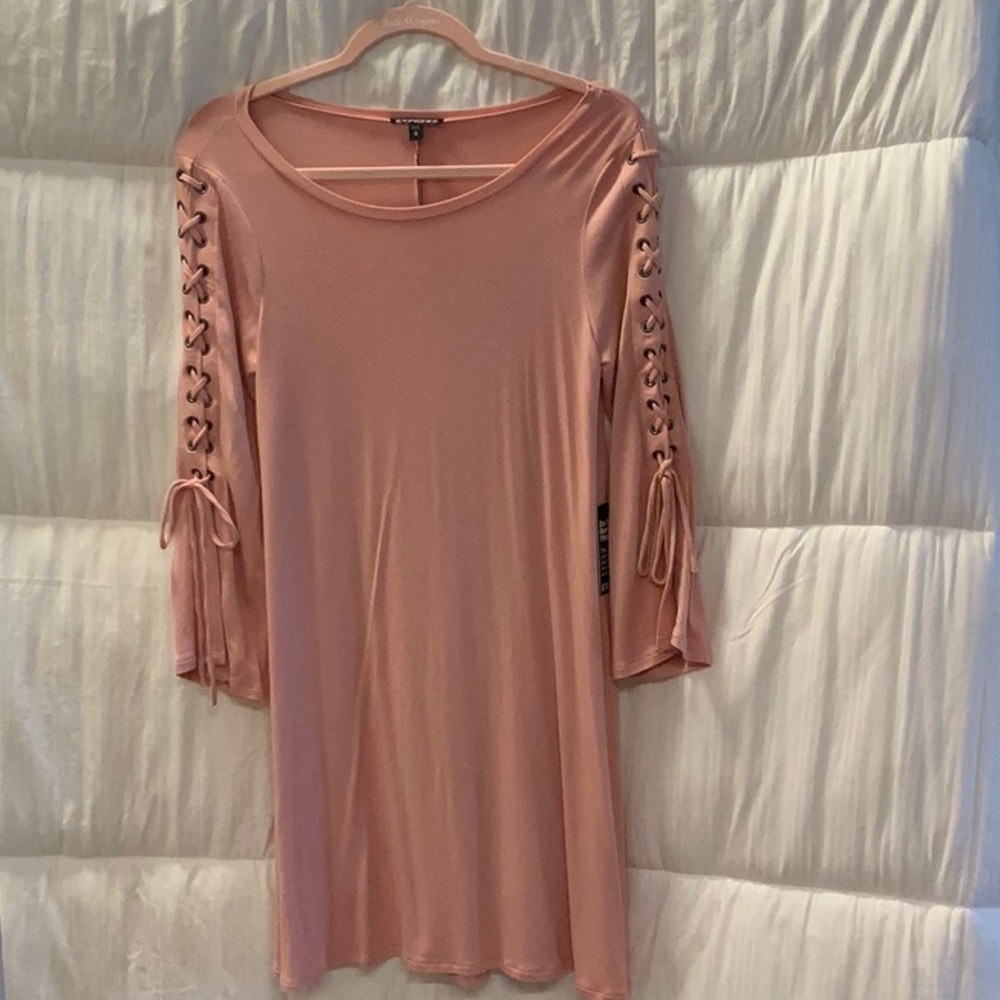 Express Pink Lace-Up Sleeve Mini Dress